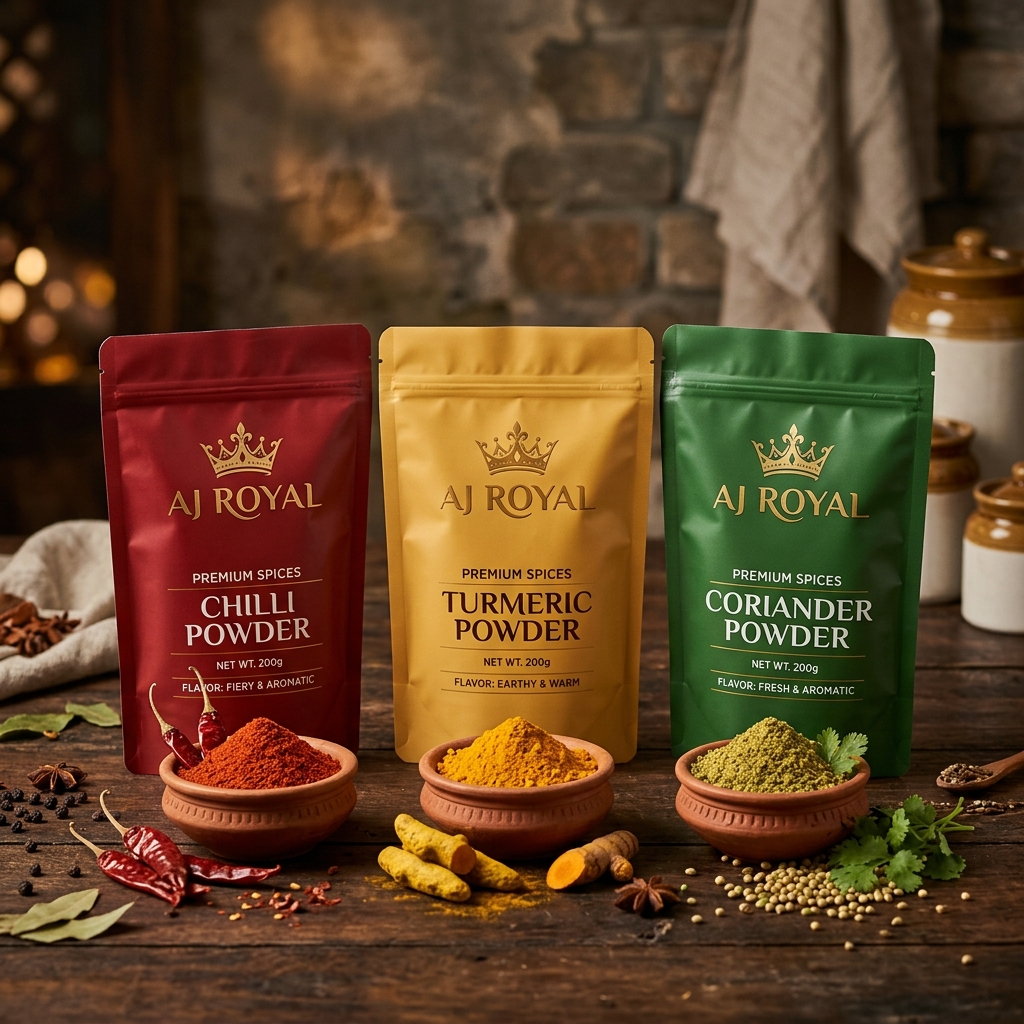 AJ Royal Spices Showcase - Chilli, Turmeric, Coriander packs on dark board